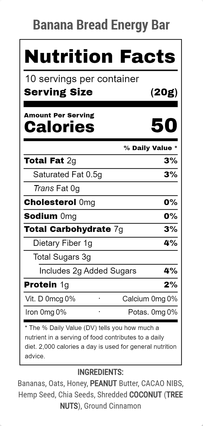 Digital nutrition facts label for Banana Bread Energy Bar