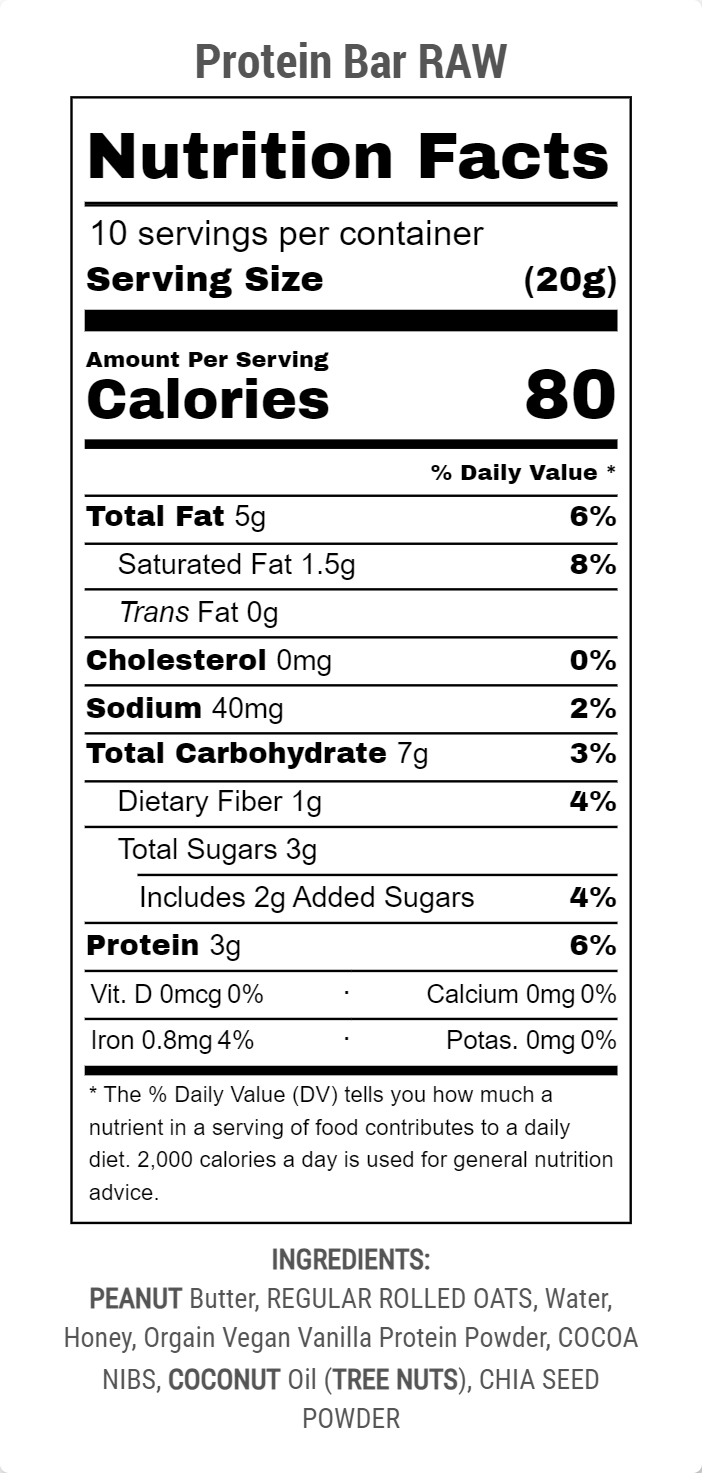 Digital nutrition label for Raw Protein Bar